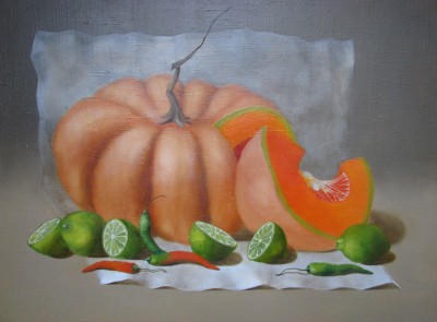 &quot;Pumpkin with limes&quot;, oil on canvas
